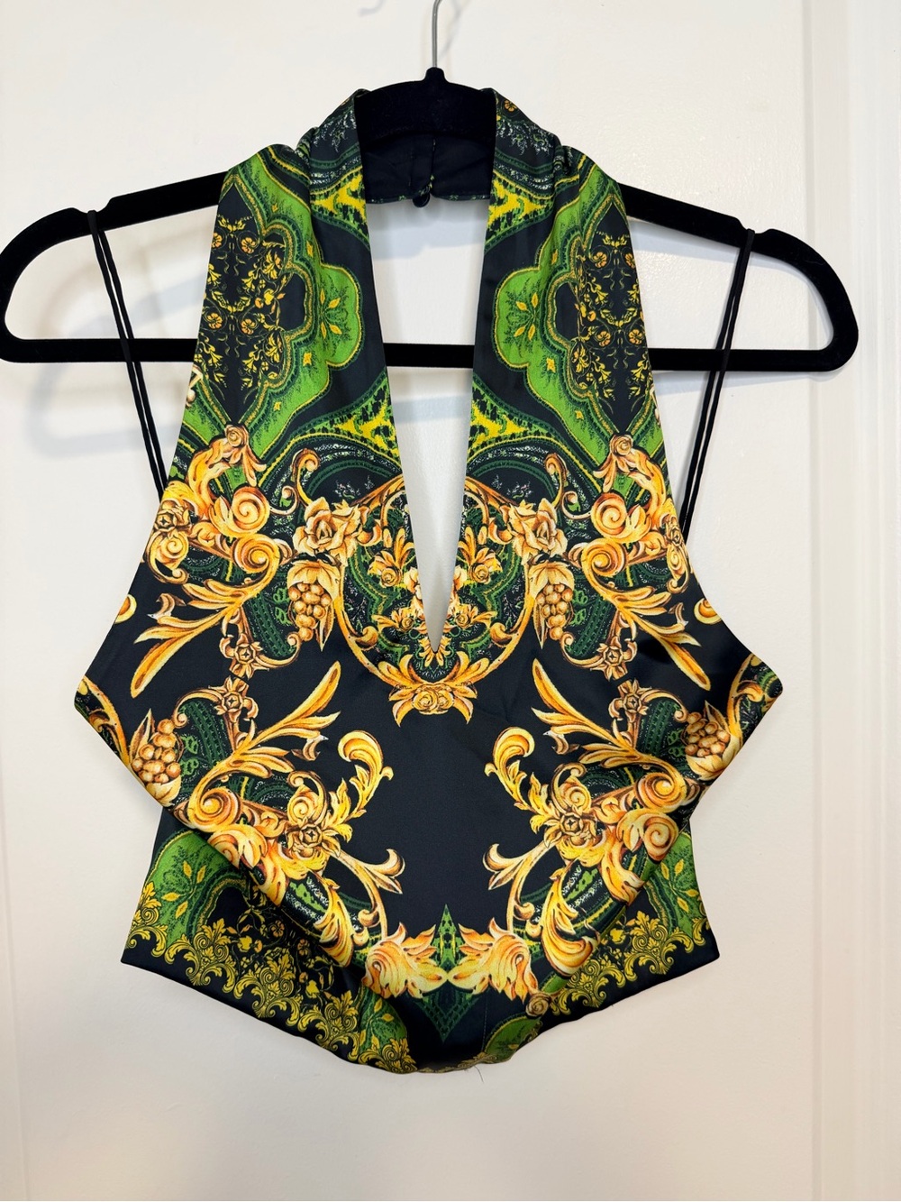Alice + Olivia Black, Green & Gold Baroque Halter Top